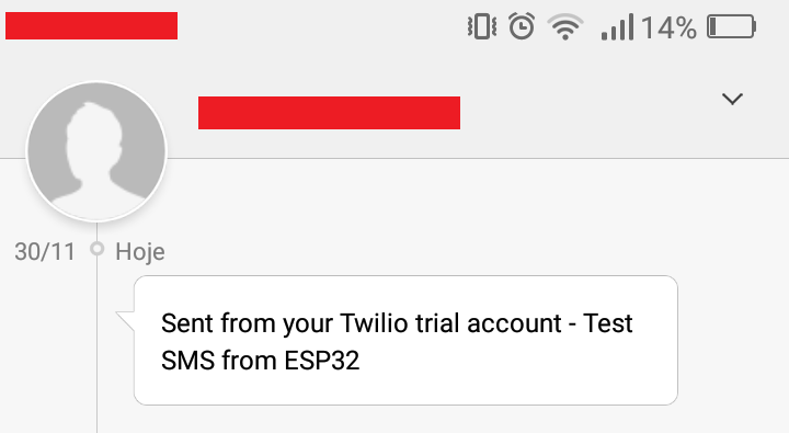 SMS reçu sur le téléphone de destination, envoyé depuis Twilio.